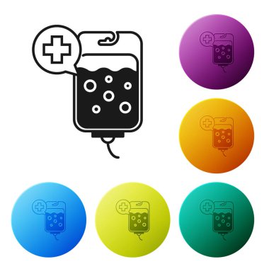 Siyah IV çanta simgesi beyaz arka planda izole. Kan torbası simgesi. Kan kavramı bağış. Tedavi ve terapi kavramı, kemoterapi. Simgeler renkli daire düğmelerini ayarlayın. Vektör Illustration