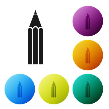 Beyaz arka planda izole siyah kalem simgesi. Eğitim işareti. Çizim ve eğitim araçları. Okul ofisi sembolü. Simgeler renkli daire düğmelerini ayarlayın. Vektör Illustration