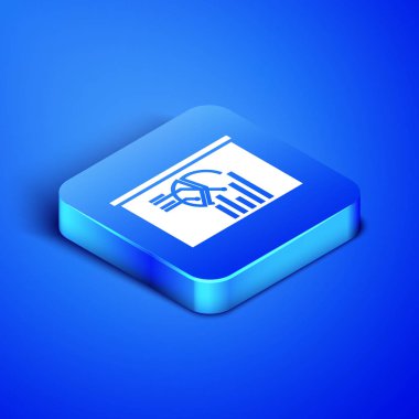 Mavi arka planda izole grafik grafiği simgesi ile izometrik kurulu. Rapor metin dosyası simgesi. Hesap işareti. Denetim, analiz, planlama. Mavi kare düğmesi. Vektör Illustration