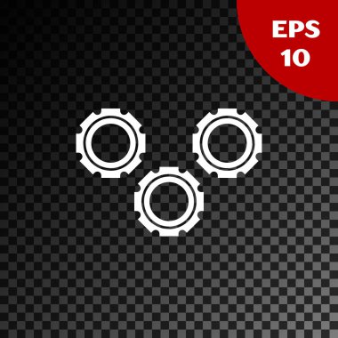 Beyaz dişli simgesi şeffaf koyu arka planda yalıtılmış. Çark dişli ayarları işareti. COG sembolü. Vektör Illustration