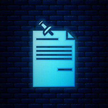 Parlayan Neon Not kağıt, tuğla duvar arka planda yalıtılmış sabitlenmiş düğme simgesi ile. Memo kağıt işareti. Vektör Illustration