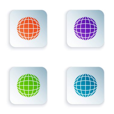 Beyaz arka planda izole renkli Earth küre simgesi. Dünya veya dünya tabelası. Küresel internet sembolü. Geometrik şekiller. Renkli kare düğmeleri simgeleri ayarlayın. Vektör Illustration