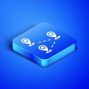 Mavi arka planda yalıtılmış izometrik rota konumu simgesi. Harita işaretçisi işareti. Yol veya yol kavramı. GPS navigasyon cihazı. Mavi kare düğmesi. Vektör Illustration