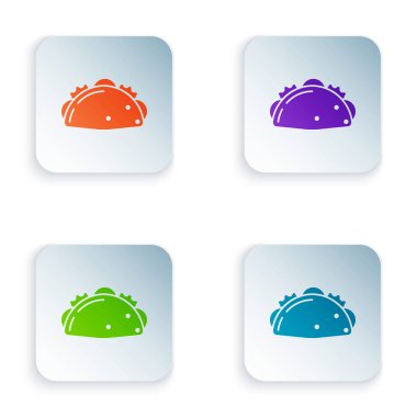 Beyaz arka planda izole tortilla simgesi ile renk Taco. Geleneksel Meksika Fast Food menüsü. Renkli kare düğmeleri simgeleri ayarlayın. Vektör Illustration