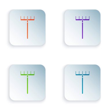 Beyaz arka planda izole renk bahçe komisyon simgesi. Bahçecilik, tarım, Tarım için araç. Zemin tohumcu. Temizlik ekipmanları. Renkli kare düğmeleri simgeleri ayarlayın. Vektör Illustration