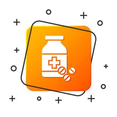 Beyaz tıp şişe ve hap simgesi beyaz arka planda izole. Şişe hap işareti. Eczane tasarımı. Turuncu kare düğmesi. Vektör Illustration