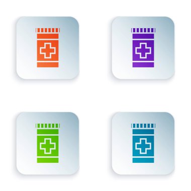 Beyaz arka planda izole renk tıp şişe simgesi. Şişe hap işareti. Eczane tasarımı. Renkli kare düğmeleri simgeleri ayarlayın. Vektör Illustration