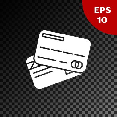 Beyaz kredi kartı simgesi şeffaf koyu arka planda yalıtılmış. Online ödeme. Nakit para çekme. Finansal operasyonlar. Alışveriş tabelası. Vektör Illustration