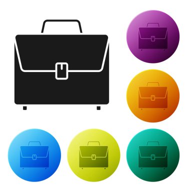 Siyah evrak çantası simgesi beyaz arka planda yalıtılmış. İş davası işareti. İş portföyü. Simgeler renkli daire düğmelerini ayarlayın. Vektör Illustration
