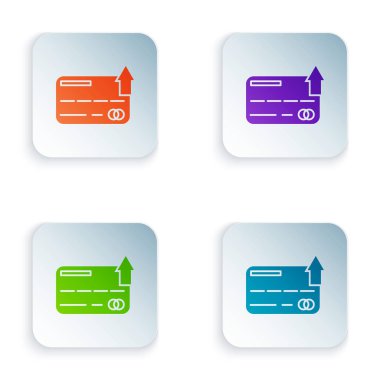 Renkli kredi kartı simgesi beyaz arka planda yalıtılmış. Online ödeme. Nakit para çekme. Finansal operasyonlar. Alışveriş tabelası. Renkli kare düğmeleri simgeleri ayarlayın. Vektör Illustration