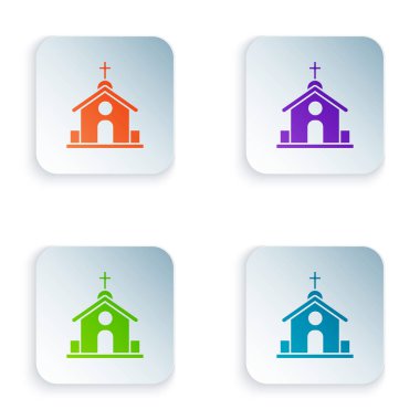 Beyaz arka planda izole renkli kilise bina simgesi. Hıristiyan Kilisesi. Kilise dini. Renkli kare düğmeleri simgeleri ayarlayın. Vektör Illustration