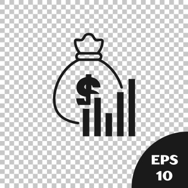 Siyah para çantası ve diyagram grafik simgesi şeffaf arka planda yalıtılmış. Finansal analitik, bütçe planlaması, finans yönetimi. Vektör Illustration