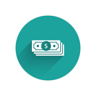 White Stacks kağıt para ikonu uzun gölgeli izole. Para desteleri. Para birimi. Yeşil daire düğmesi. Vektör İllüstrasyonu