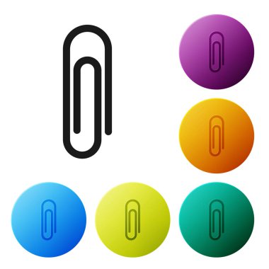 Siyah kağıt klip simgesi beyaz arka planda yalıtılmış. Simgeler renkli daire düğmelerini ayarlayın. Vektör Illustration