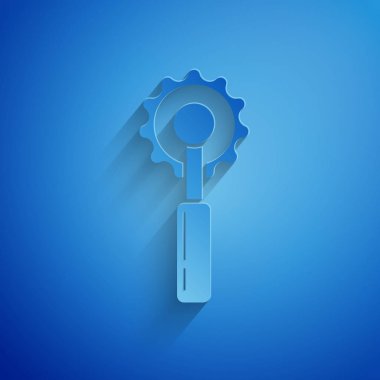 Mavi arka planda izole kağıt kesme kesici aracı simgesi. Bıçak ile dikiş bıçağı. Kağıt sanatı tarzı. Vektör Illustration