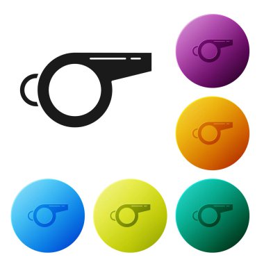 Siyah düdük simgesi beyaz arka planda izole. Hakem sembolü. Fitness ve spor işareti. Simgeler renkli daire düğmelerini ayarlayın. Vektör Illustration