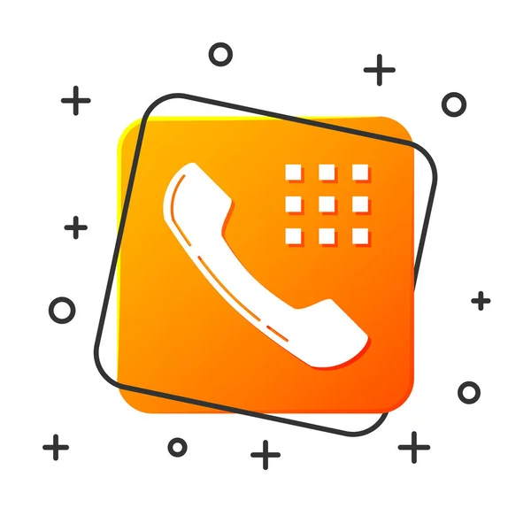 Vit telefonlur ikon isolerad på vit bakgrund. Telefon skylt. Orange fyrkantig knapp. Vektor illustration — Stock vektor