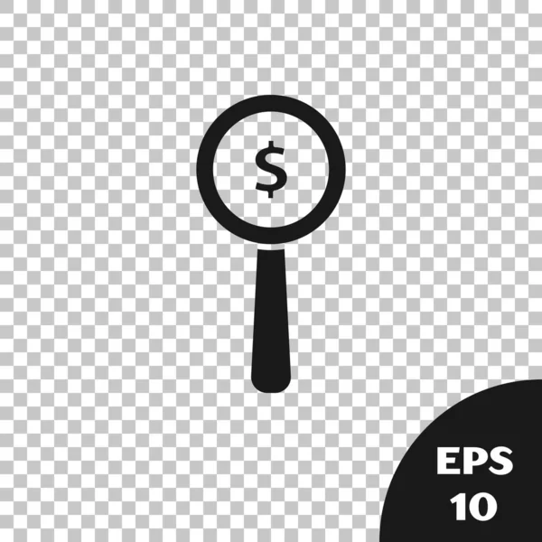 Ícone de lupa preta e símbolo de dólar isolado em fundo transparente. Arranja dinheiro. À procura de dinheiro. Ilustração vetorial — Vetor de Stock