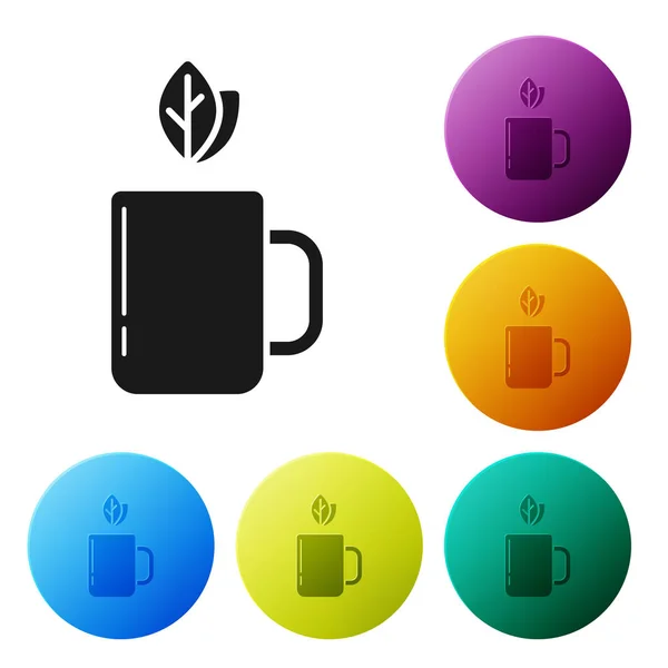 Coupe noire de thé et icône de feuille isolé sur fond blanc. Définir des icônes boutons de cercle colorés. Illustration vectorielle — Image vectorielle