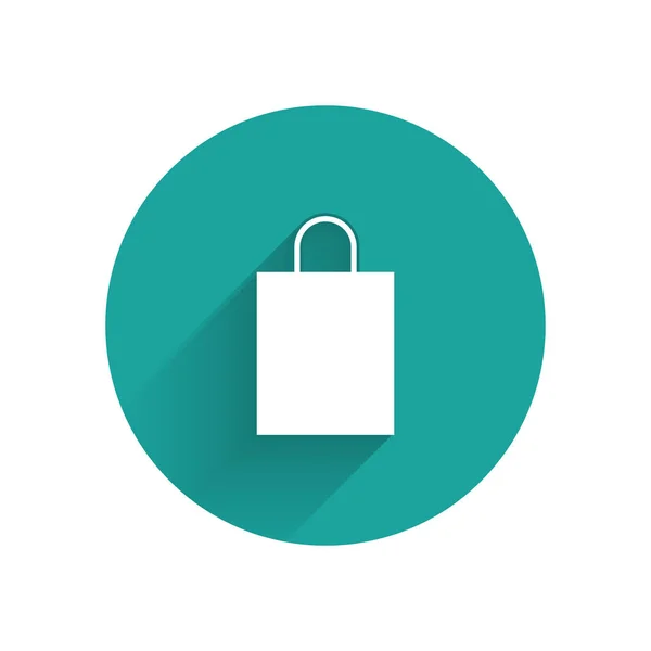 Icona della shopping bag White Paper isolata con lunga ombra. Un cartello. Pulsante cerchio verde. Illustrazione vettoriale — Vettoriale Stock