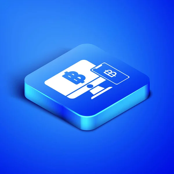 Ισομετρική οθόνη υπολογιστή με το κινητό τηλέφωνο και Bitcoin εικονίδιο απομονωθεί σε μπλε φόντο. Έννοια της διαδικτυακής αγοράς. Κέρδη στο διαδίκτυο. Μπλε τετράγωνο κουμπί. Απεικόνιση διανυσματικών φορέων — Διανυσματικό Αρχείο