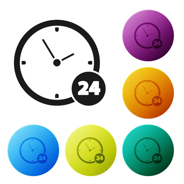 Schwarze Uhr 24 Stunden Symbol isoliert auf weißem Hintergrund. ganztägige zyklische Ikone. 24 Stunden Service-Symbol. setzen Symbole bunte Kreis-Tasten. Vektorillustration — Stockvektor