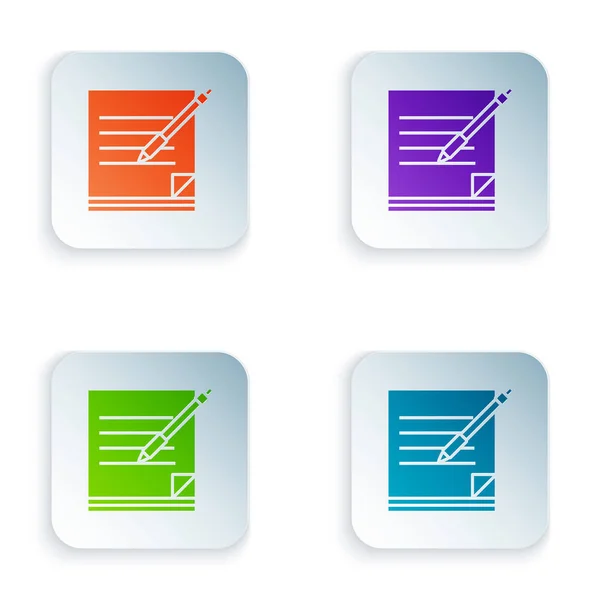 Cores Caderno em branco e ícone de caneta isolado no fundo branco. Papel e caneta. Definir ícones em botões quadrados coloridos. Ilustração vetorial — Vetor de Stock