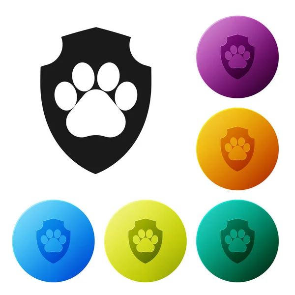 흰색 배경에 고립 된 흑인 동물 건강 보험 아이콘입니다. 애완 동물 보호 아이콘입니다. 개 또는 고양이 발 인쇄. 아이콘 다채로운 원 버튼을 설정합니다. 벡터 일러스트레이션 — 스톡 벡터