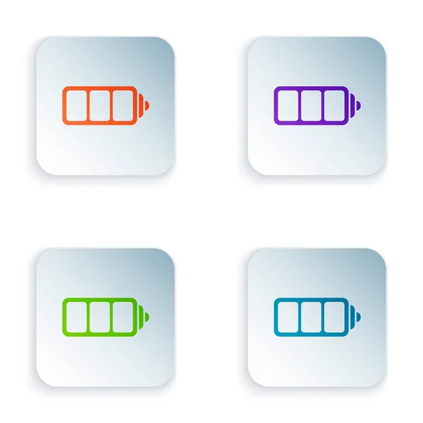 Farbige Batterieladestandsanzeige isoliert auf weißem Hintergrund. setzen Symbole in bunten quadratischen Tasten. Vektorillustration — Stockvektor