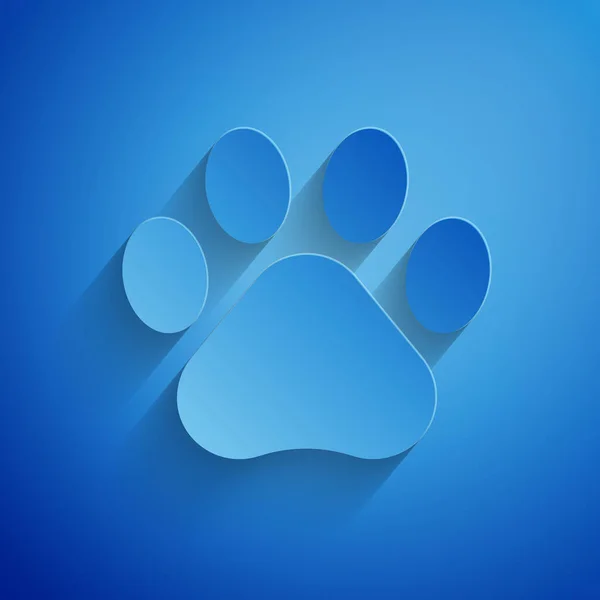 Papier knippen Paw Print icoon geïsoleerd op blauwe achtergrond. Hond of kat Paw Print. Dieren spoor. Papier kunststijl. Vector illustratie — Stockvector