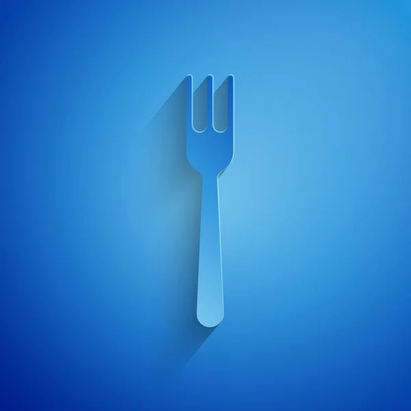 Papel cortado ícone de garfo isolado no fundo azul. Símbolo de talheres. Estilo de arte de papel. Ilustração vetorial — Vetor de Stock