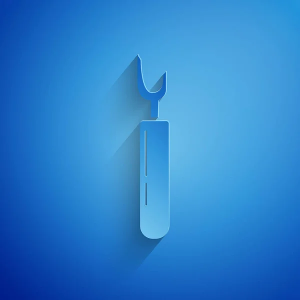 Papier gesneden Cutter tool icoon geïsoleerd op blauwe achtergrond. Naaien mes met mes. Papier kunststijl. Vector illustratie — Stockvector