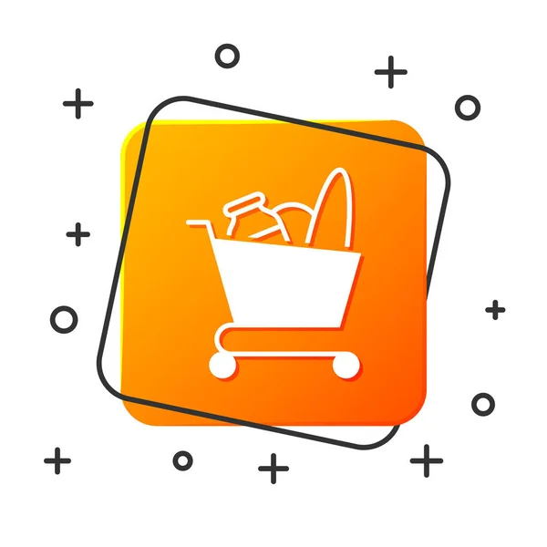 Carrito de compras blanco e icono de la comida aislado sobre fondo blanco. Tienda de comida, supermercado. Botón cuadrado naranja. Ilustración vectorial — Archivo Imágenes Vectoriales