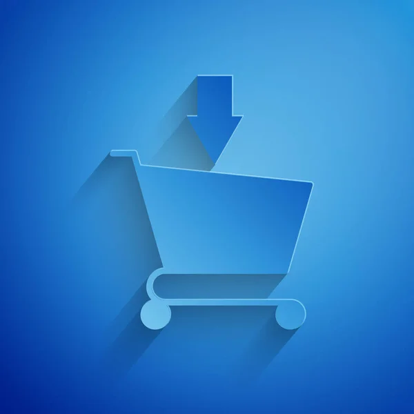 Papierschnitt zum Warenkorb-Symbol auf blauem Hintergrund hinzufügen. Online-Kaufkonzept. Lieferservice-Schild. Supermarkt-Warenkorb Symbol. Papierkunst. Vektorillustration — Stockvektor