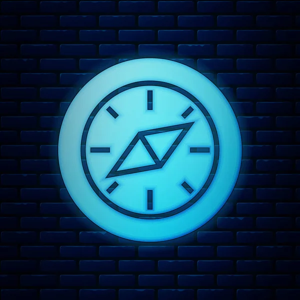 Glödande neon Kompass ikon isolerad på tegel vägg bakgrund. Windrose navigeringssymbol. Vindrosa tecken. Vektor Illustration — Stock vektor