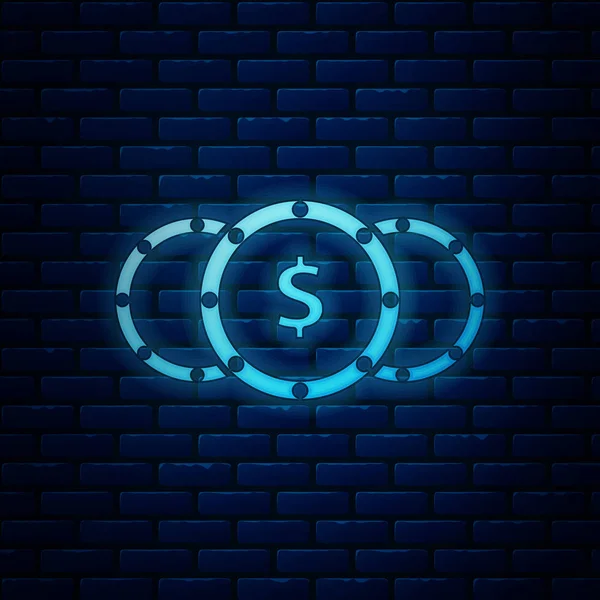 Gloeiende neon muntgeld met dollarsymbool pictogram geïsoleerd op bakstenen muur achtergrond. Bancaire munt teken. Contant symbool. Vector Illustratie — Stockvector