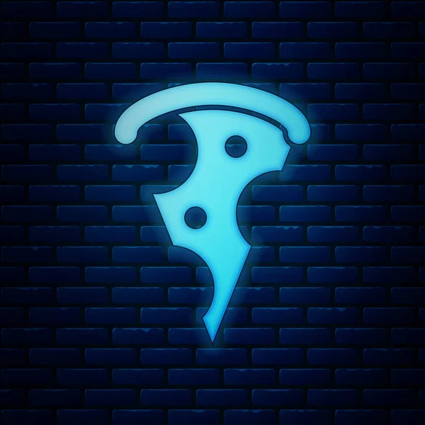 Glödande Neon skiva av pizza ikonen isolerad på tegelvägg bakgrund. Snabbmats meny. Vektor illustration — Stock vektor
