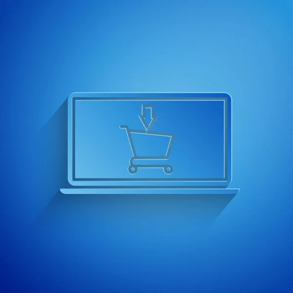 Papel cortado Carro de compras en pantalla icono portátil aislado sobre fondo azul. Concepto e-commerce, e-business, marketing online. Estilo de arte de papel. Ilustración vectorial — Vector de stock