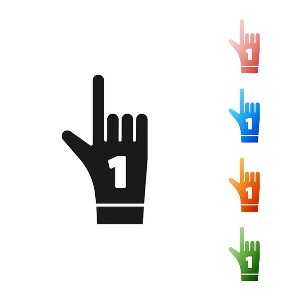 Μαύρο νούμερο 1 γάντι χεριού ανεμιστήρα με το δάχτυλο σηκωμένο εικονίδιο που απομονώνεται σε λευκό φόντο. Σύμβολο της ομαδικής υποστήριξης σε διαγωνισμούς. Ορισμός εικονίδια πολύχρωμα. Εικονογράφηση διανύσματος — Διανυσματικό Αρχείο