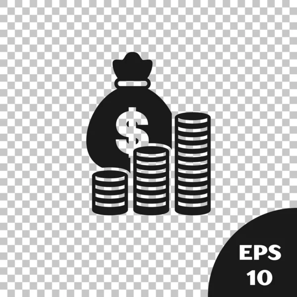 Μαύρο χρήματα τσάντα και κέρμα εικονίδιο απομονώνονται σε διαφανές φόντο. Δολάριο ή σύμβολο USD. Ταμειακή Τράπεζα σύμβολο νόμισμα. Εικονογράφηση διανύσματος — Διανυσματικό Αρχείο