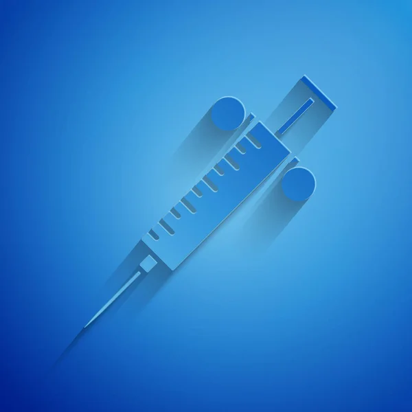 Papel cortado Ícone de seringa isolado no fundo azul. Seringa para vacina, vacinação, injeção, injeção de gripe. Equipamento médico. Estilo de arte de papel. Ilustração vetorial — Vetor de Stock