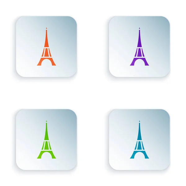 Color Icono de torre Eiffel aislado sobre fondo blanco. Francia París símbolo emblemático. Establecer iconos en botones cuadrados de colores. Ilustración vectorial — Vector de stock