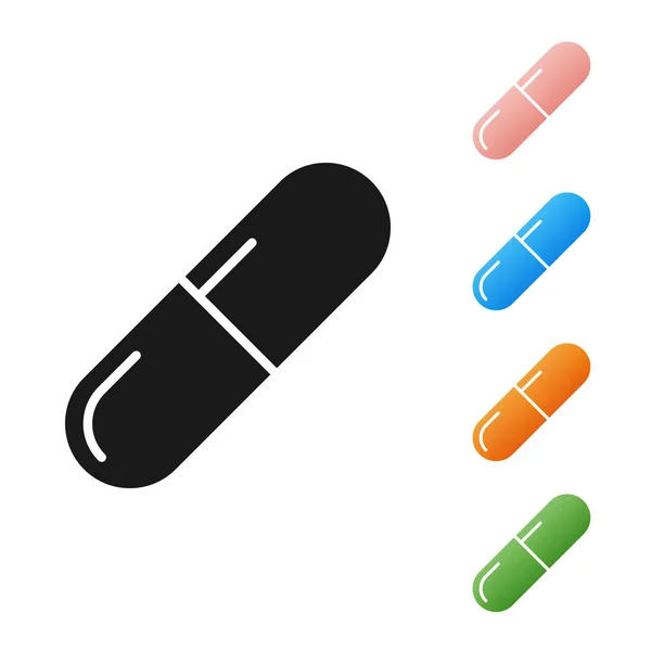 Black Medicine pill or tablet icon isolated on white background. Capsule pill and drug sign. Pharmacy design. Set icons colorful. Vector Illustration — Stock Vector