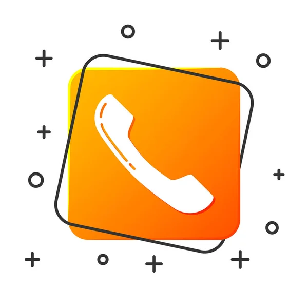 Weißes Telefonhörer-Symbol isoliert auf weißem Hintergrund. Telefonzeichen. orangefarbene quadratische Taste. Vektorillustration — Stockvektor