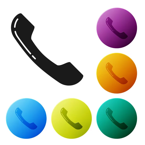 Ikona telefonu černého telefonu je izolovaná na bílém pozadí. Telefonní značka. Nastavit ikony barevných kolečků. Vektorová ilustrace — Stockový vektor