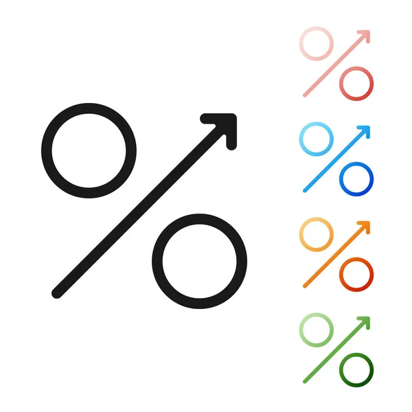 Ícone de seta preta por cento para cima isolado no fundo branco. Aumento do sinal percentual. Definir ícones coloridos. Ilustração vetorial —  Vetores de Stock