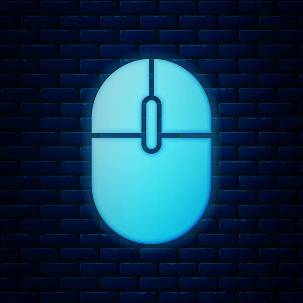 Świecąca Neon ikona myszy komputerowej na białym tle na ścianie cegły. Optyczny z symbolem koła. Ilustracja wektorowa — Wektor stockowy
