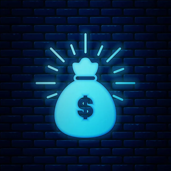 Gloeiende neon geld tas pictogram geïsoleerd op bakstenen muur achtergrond. Dollar-of USD-symbool. Cash Banking valutateken. Vector illustratie — Stockvector