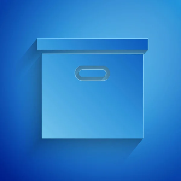 青い背景に隔離された紙カットカートン段ボール箱のアイコン。箱、パッケージ、小包の看板配達および包装。輸送と輸送。ペーパーアートスタイル。ベクトルイラストレーション — ストックベクタ