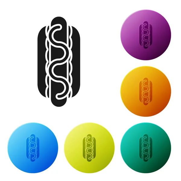 Black Hotdog sandwich with mustard icon isolated on white background. Sausage icon. Street fast food menu. Set icons colorful circle buttons. Vector Illustration — Stock Vector